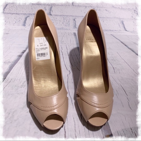 Stuart WEITZMAN Overit Nude Leather Peep Toe Pumps - Picture 3 of 8